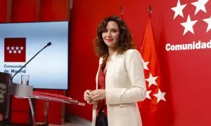 La presidenta de la Comunidad de Madrid, Isabel Díaz Ayuso durante la rueda de prensa tras la reunión del Consejo de Gobierno celebrada este miércoles en la Real Casa de Correos. EFE/ Aitor Martín