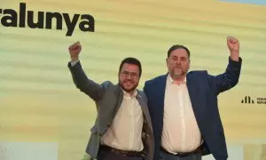 El presidente de la Generalitat de Catalunya, Pere Aragonés, y el presidente de ERC, Oriol Junqueras, durante el Consell Nacional de ERC, en Barcelona, a 20/1/2024