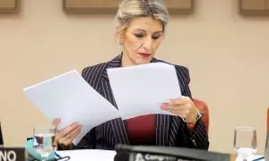 La vicepresidenta segunda del Gobierno y ministra de Trabajo y Economía Social, Yolanda Díaz, durante la Comisión de Trabajo, Economía Social, Inclusión, Seguridad y Migraciones del Congreso de los Diputados, a 22 de enero de 2024, en Madrid (España).