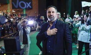 El líder de Vox Santiago Abascal durante el acto público en el que ha sido reelegido este sábado presidente de Vox por la Asamblea General extraordinaria de afiliados.