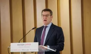 El presidente del PP, Alberto Núñez Feijóo, interviene durante un desayuno informativo de Europa Press, en el hotel Hyatt Regency Hesperia, a 25 de enero de 2024, en Madrid (España).