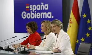 6/2/24 - Las ministras María Jesús Montero, Pilar Alegría y Yolanda Díaz ofrecen una rueda de prensa después de la reunión del Consejo de Ministros este martes en Madrid.