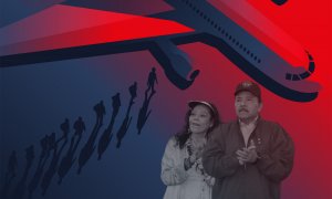 Ilustración de Emilio Garzel del avión Omni Air 767 que salió de Nicaragua con 222 personas a bordo el 9 de febrero de 2023 con una imagen de Daniel Ortega, actual presidente de Nicaragua, junto a su esposa y vicepresidenta Rosario Murillo