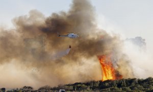 Un helicóptero trabaja en las labores de extinción del incendio forestal declarado en El Saler, en València, a 12 de febrero de 2024.