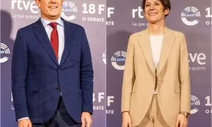 Los candidatos del BNG y PSdeG, Ana Pontón y José Ramón Gómez Besteiro, a su llegada al debate de RTVE, en Santiago de Compostela, a 14 de febrero de 2024.