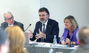 José Alberto Carbonell, director general, Lluís Salvadó, president, i Miriam Alaminos, responsable econòmico-financera, del Port de Barcelona, durant la presentació de resultats de l'any 2023