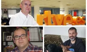 Los miembros del Consejo de Informativos de Medios Interactivos de RTVE que dimitieron tras la cobertura de los Goya de Inés Hernand. Alejandro Vega (arriba), Santiago Riesco (Izquierda) y Óscar López Canencia (derecha).