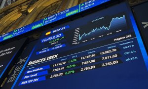 Varios paneles y monitores de la Bolsa de Madrid muestran la evolución del mercado. EFE/ Altea Tejido