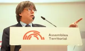 El presidente del Consell de la República, Carles Puigdemont, interviene durante la constitución de la Asamblea Territorial el 2 de marzo de 2024, en Latour-Bas-Elne (Francia).