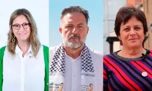 Marga Sainz (izquierda), Manu Pineda (centro) y Henar Moreno (derecha), los tres aspirantes a las primarias de IU para elegir candidatos a las elecciones europeas.