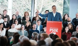 El presidente del Gobierno y secretario general del PSOE, Pedro Sánchez, interviene durante el acto de homenaje al expresidente José Luis Rodríguez Zapatero, en el Palacio Euskalduna, el 9 de marzo de 2024, en Bilbao, Vizcaya, País Vasco (España).