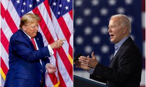 Donald Trump (izquierda) y el actual presidente estadounidense, Joe Biden (derecha) mantienen sus respectivos discursos en el Estado de Georgia, el 9 de marzo de 2024.