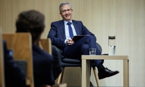 12/03/2024 El presidente del Banco de España, Pablo Hernández de Cos, durante un encuentro con estudiantes organizado por CUNEF Universidad, a 15 de febrero de 2024, en Madrid.