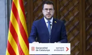 Pere Aragonès compareix al Palau de la Generlaitat a la galeria gòtica per anunciar eleccions