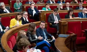 El president de la Generalitat, Pere Aragonès, durante el pleno del debate a la totalidad de Presupuestos 2024 en el Parlament. E.P./David Zorrakino