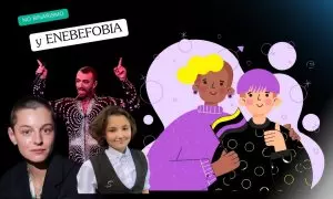 Montaje con los colores de la bandera no binaria y algunas personalidades NB reconocidas como Sam Smith, Emma Corrin o Nex Benedict.