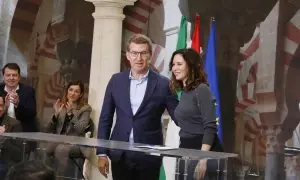 La presidenta de la Comunidad Autónoma de Madrid, Isabel Díaz Ayuso, y el líder del PP, Alberto Núñez Feijóo, durante un acto en Córdoba el pasado 10 de marzo.