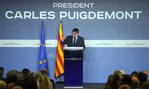 El expresidente de la Generalitat Carles Puigdemont durante la conferencia que ha ofrecido en el Ayuntamiento de Elna (Francia) este 21 de marzo de 2024.