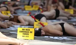 Animalistas de AnimaNaturalis y PETA durante una protesta antitaurina en la Plaza del Ayuntamiento de Pamplona, en la víspera de San Fermín, a 5 de julio de 2019.