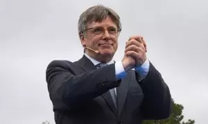 El expresidente de la Generalitat y candidato a las elecciones catalanas, Carles Puigdemont, durante un acto, a 6 de abril de 2024, en Elna (Francia).