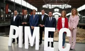 Els candidats al 12-M Alejandro Fernández (PPC), Josep Rull (Junts), Salvador Illa (PSC), Pere Aragonès (ERC) i Jéssica Albiach (Comuns Sumar), al Born CCM abans del debat de PIMEC