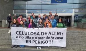 Representantes de los afectados por Altri, frente al Parlamento Europeo con la eurodiputada del BNG Ana Miranda.