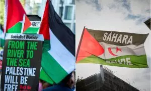 A la izquierda, banderas de Palestina en una manifestación en Londres, y a la derecha, una bandera del Sáhara, en una manifestación en Madrid.