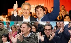 Arriba, José Luis Rodríguez Zapatero y Eneko Andueza en Barakaldo. Abajo, Arnaldo Otegi y Pello Otxandiano en Santurtzi.