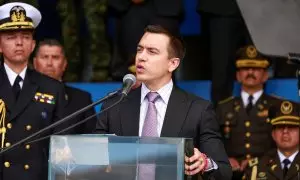 El presidente de Ecuador, Daniel Noboa, durante una ceremonia de entrega de equipos a la Policía Nacional, el 22 de enero de 2024 en Quito (Ecuador).