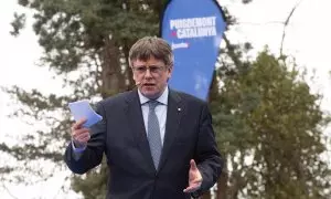 El expresident de la Generalitat, Carles Puigdemont, interviene durante un acto de Junts, a 6 de abril de 2024, en Elna, Francia.