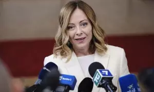 La primera ministra italiana, Giorgia Meloni, durante una rueda de prensa en Bruselas, a 18 de abril de 2024.