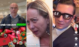 Capturas de los perfiles de TikTok de Jorge Buxadé, Giorgia Meloni y Jordan Bardella.