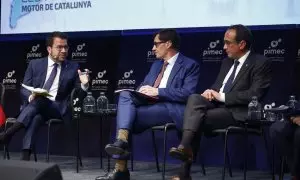 Los candidatos del PSC, Salvador Illa (c); ERC, Pere Aragonès (i) y de Junts, Josep Rull (d); durante un debate preelectoral organizado por la patronal PIMEC.