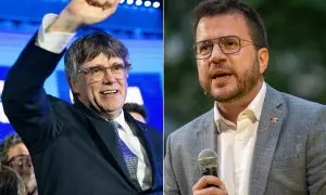 El candidato de Junts a las elecciones catalanas, Carles Puigdemont, y el candidato de ERC, Pere Aragonès, durante el primer día de campaña, a 25 de abril de 2024.