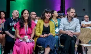 La diputada en el Congreso de Sumar, Tesh Sidi; la diputada de Sumar En Comú Podem, Julia Boada; y el copresidente de Verdes Equo, Florent Marcellesi; participan en la Green Social Summit, en Espacio Larra, a 30 de septiembre de 2023, en Madrid (España).