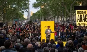 El presidente de la Generalitat, Pere Aragonès, durante el acto de ERC de inicio de campaña