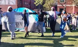 Estudiantes propalestina bailan un tradicional baile popular en simbología a su apoyo al pueblo palestino en la Universidad Northeastern en Boston (EEUU).