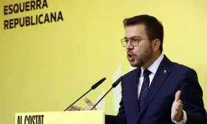 El president de la Generalitat, Pere Aragonès, durante la rueda de prensa que en la sede del partido, en Barcelona, a 29 de abril de 2024.