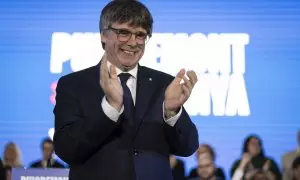 Carles Puigdemont interviene en un acto electoral de Junts, a 1 de mayo de 2024.