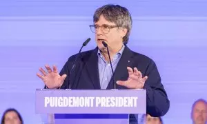 El candidat de Junts, Carles Puigdemont, en l'acte central de campanya per al 12-M a Argelers.