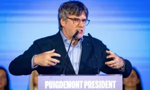 El candidato de Junts a las elecciones catalanas, Carles Puigdemont, durante un mitin de campaña de su partido, en Argelès, Francia, a 4 de mayo de 2024.