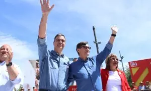 04/05/2024 - Pedro Sánchez i Salvador Illa al míting que el PSC ha celebrat aquest dissabte a Montmeló (Vallès Oriental).