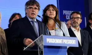 Carles Puigdemont durante su comparecencia al final de la jornada electoral en Argelèrs.