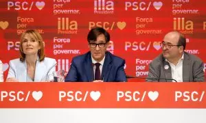 13/05/2024 - Salvador Illa al costat de Lluïsa Moret i Miquel Iceta en l'executiva que el PSC va celebrar aquest dilluns.