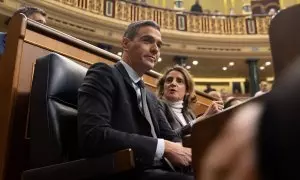 El presidente del Gobierno, Pedro Sánchez y la vicepresidenta tercera y ministra para la Transición Ecológica y el Reto Demográfico, Teresa Ribera, durante una sesión de control al Gobierno