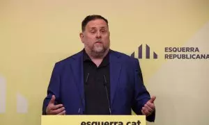 Oriol Junqueras durante la rueda de prensa de este jueves en la sede de ERC.