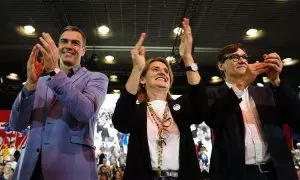 Pedro Sánchez, Teresa Ribera y Salvador Illa, en Barcelona este sábado 18/05/2024.