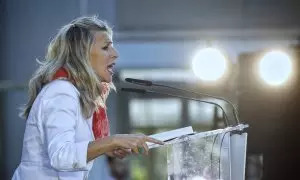 19/05/2024 La vicepresidenta segunda del Gobierno, Yolanda Díaz, durante su intervención en un acto de campaña, a 17 de mayo de 2024.