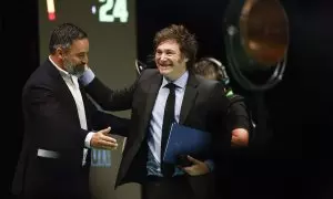 Santiago Abascal y Javier Milei durante la cumbre fascista 'Europa Viva 24'.