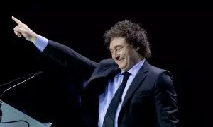 El presidente de Argentina, Javier Milei, durante el acto Viva 24 de Vox en el Palacio de Vistalegre, a 19 de mayo de 2024, en Madrid (España).